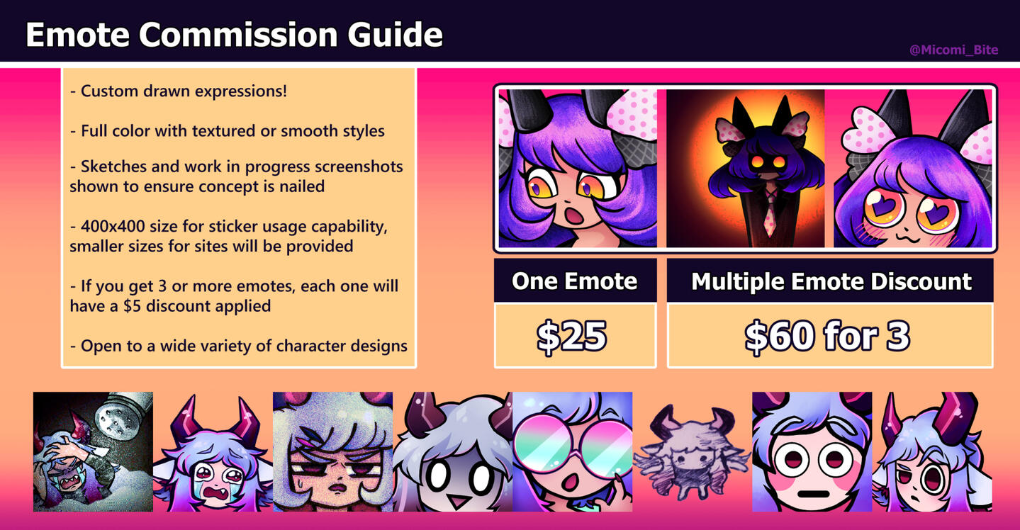 PNGtuber Commission Guide Custom drawn expressions! Full color with textured or smooth styles. Sketches and work in progress screenshots shown to ensure concept is nailed. 400x400 size for sticker usage capability, smaller sizes for sites will be provided. 3 or more emotes discount
